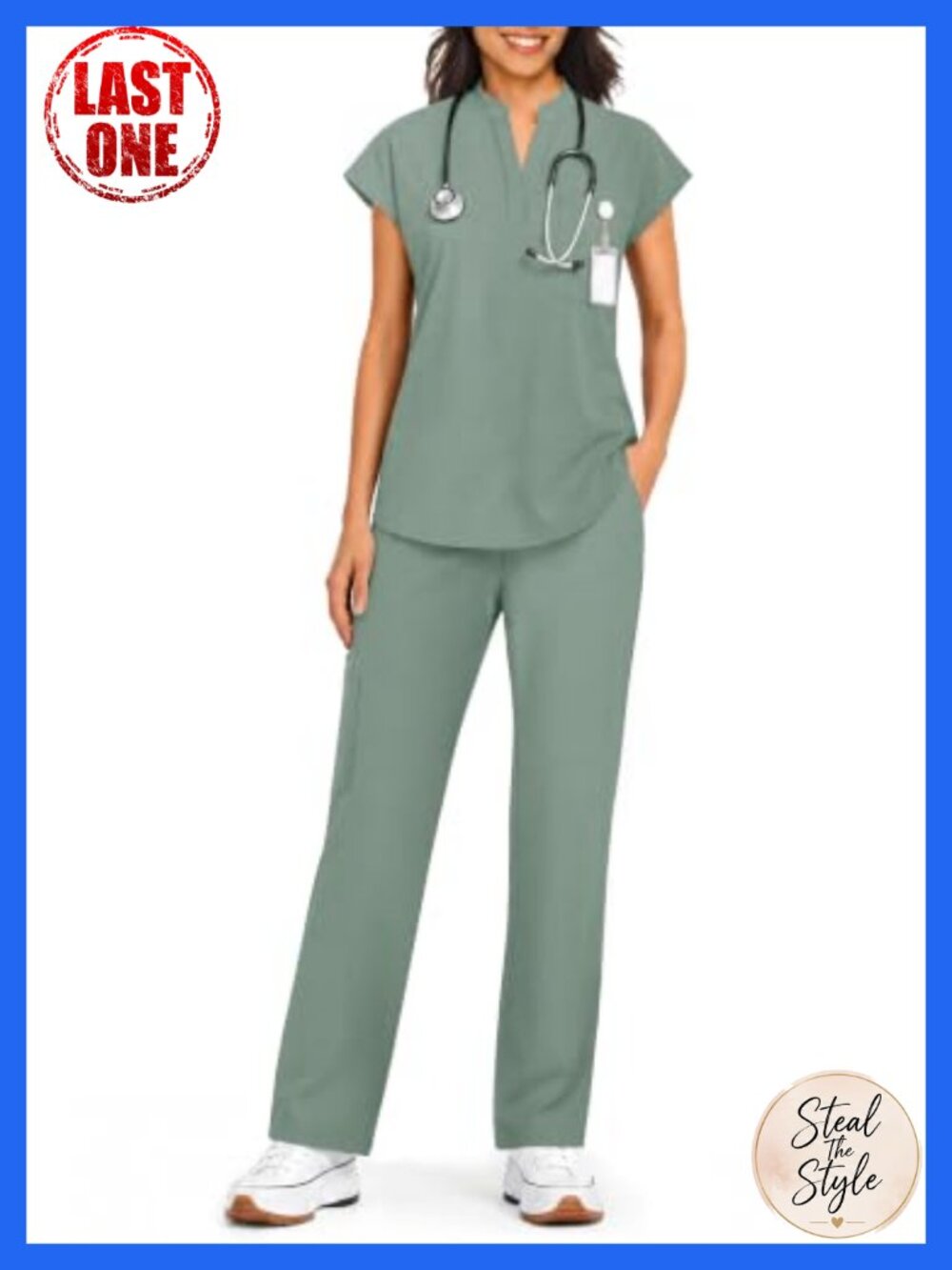 Scrub Set V-Neck Top Straight-Leg Pants 7 Pockets Medical Uniform